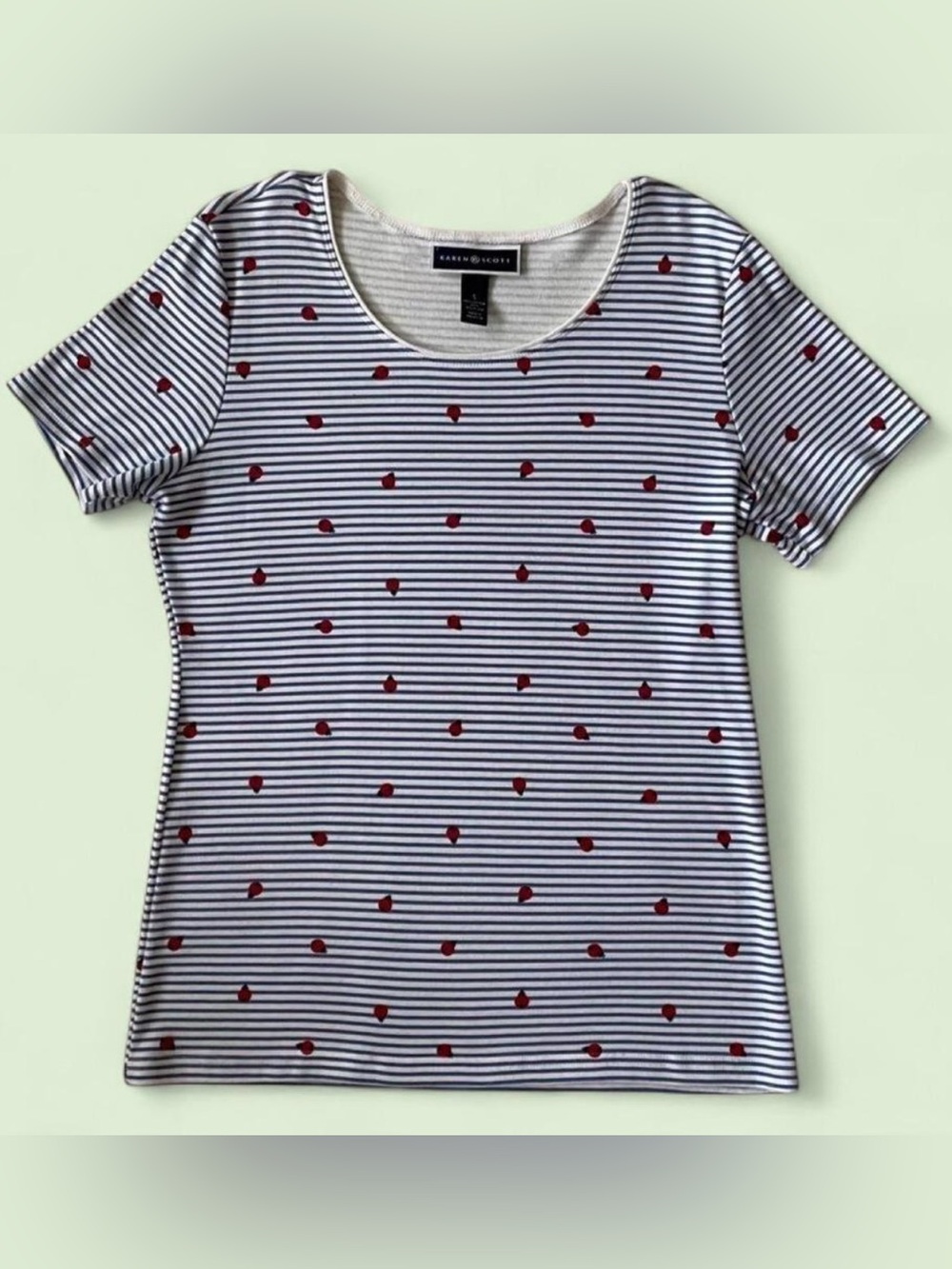 Karen Scott Ladybug Whimsy Striped Tee S Blue Cottagecore Top Preppy Kawaii Love